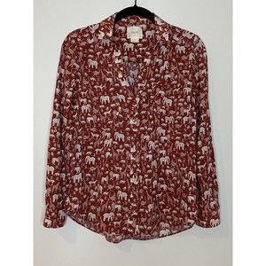 Anthropologie Maeve Safari Elephant Button Down Blouse Roll Tab Sleeves Size 2